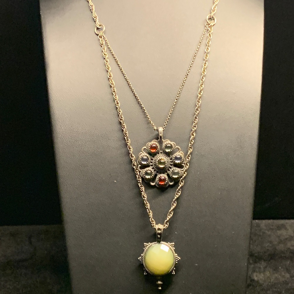 Lucky Brand Layered Necklace Silver Tone Multi Stone Boho Floral Pendants